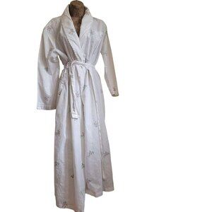 Vtg 80s 90s Granny Core White Floral Long Robe With Lace Accents & Belted Waist